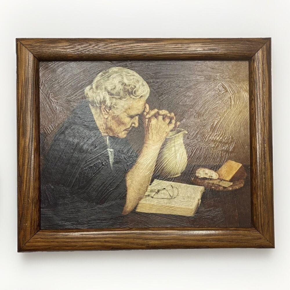 Gratitude Elderly Woman Praying Framed Textured Print 9X11 Solid Wood VTG Frame